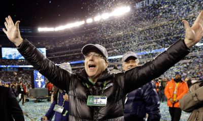 Photo of Paul Allen celebrating after Super Bowl XLVIII