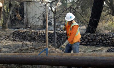 Photo of PG&E employee replacing power poles damaged by a wildfire