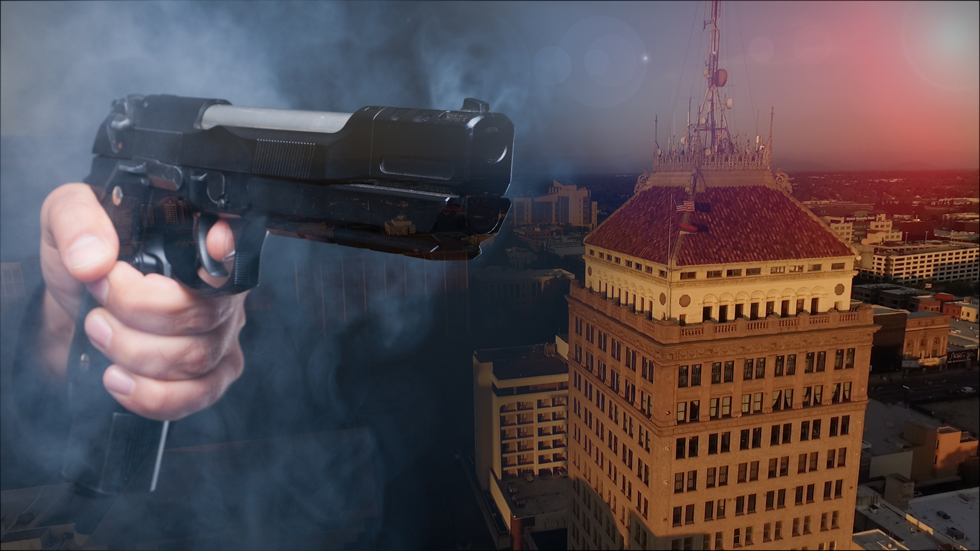 Composite photo of a handgun and downtown Fresno