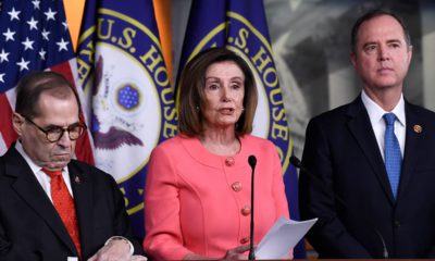 Photo of House Speaker Nancy Pelosi of Calif., center, flanked by House Judiciary Committee Chairman Rep. Jerrold Nadler, D-N.Y., left, and House Intelligence Committee Chairman Rep. Adam Schiff