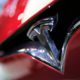 Photo of the logo of the Tesla model S