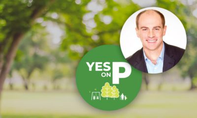 Photo combination of Elliott Balch and the Yes on P logo