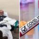 Twin images of COVID-19 plasma donor Walter Lamkin and a vial of blood with the words "COVID-19 antibodies"